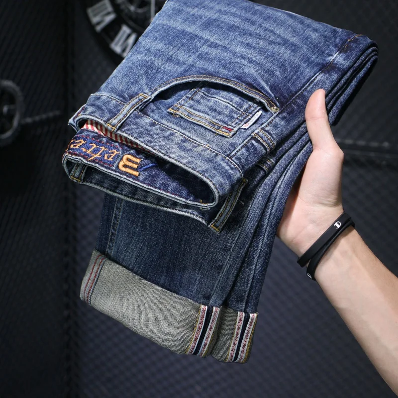 Slim-Fitting Small Straight Jeans Men's 2024 Spring and Autumn Retro Washed Dark Blue Simple Durable All-Match Stretch Trousers
