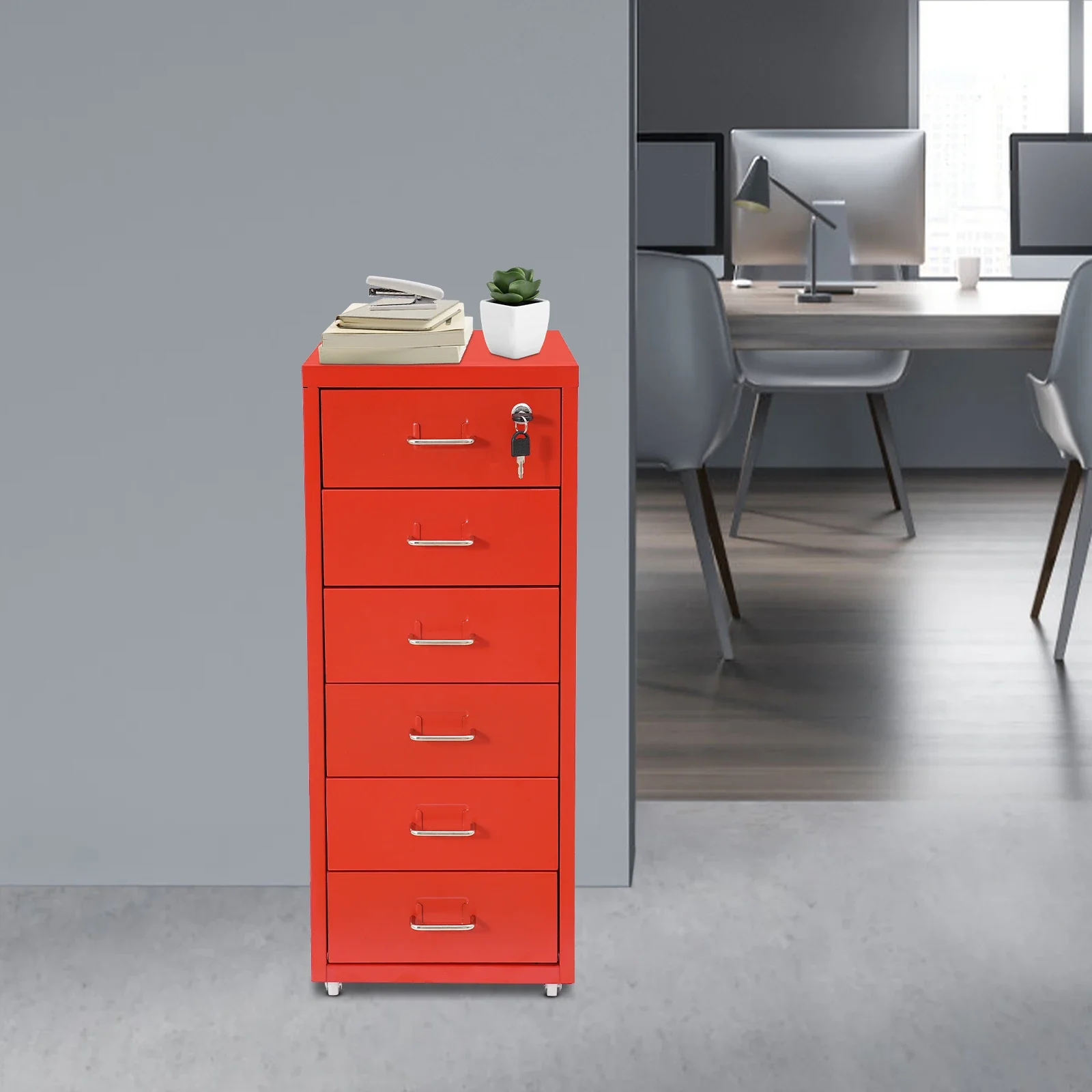 

6-Story Metal File Lock Cabinet With Wheels - Red for office school to store office supplies, folders, personal items