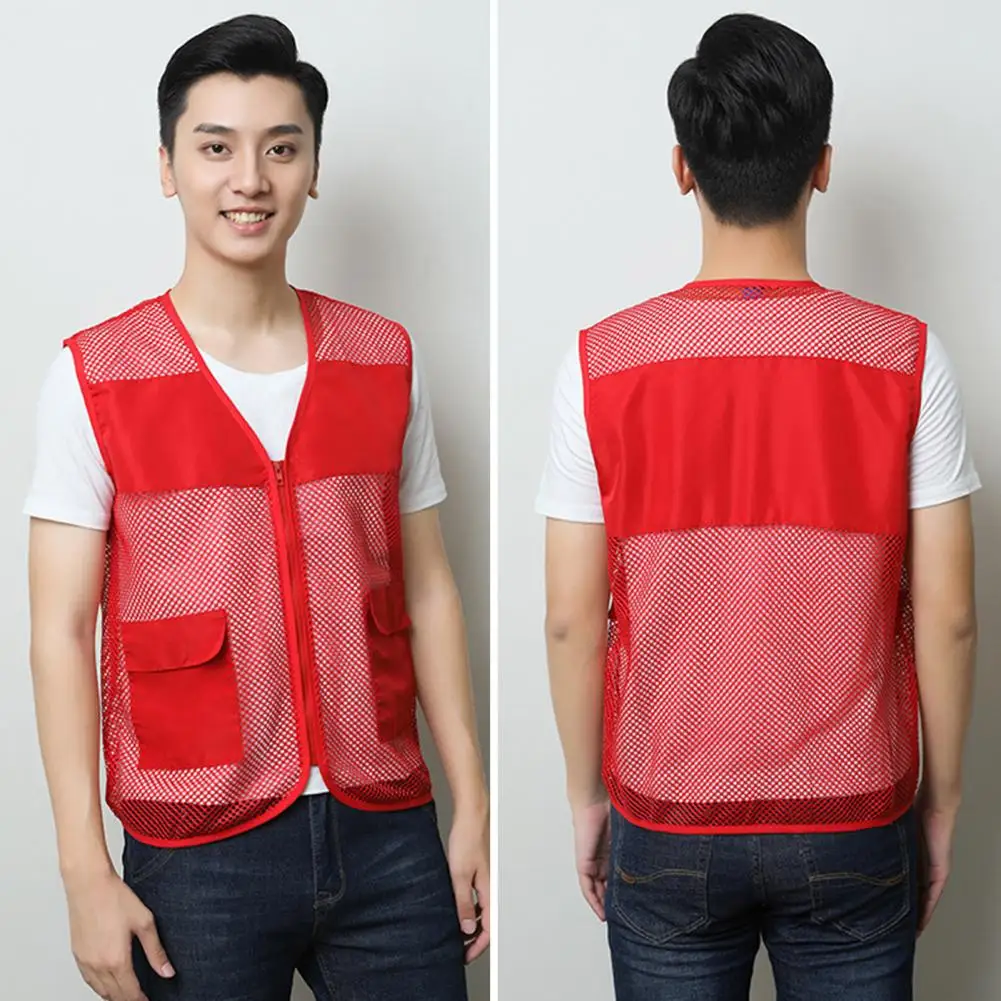 Viscargo Vest Holle Doorzichtige Effen Kleur Grote Zakken Losse Werkkleding Vest Rits V-Hals Cargo Vest Heren Kleding