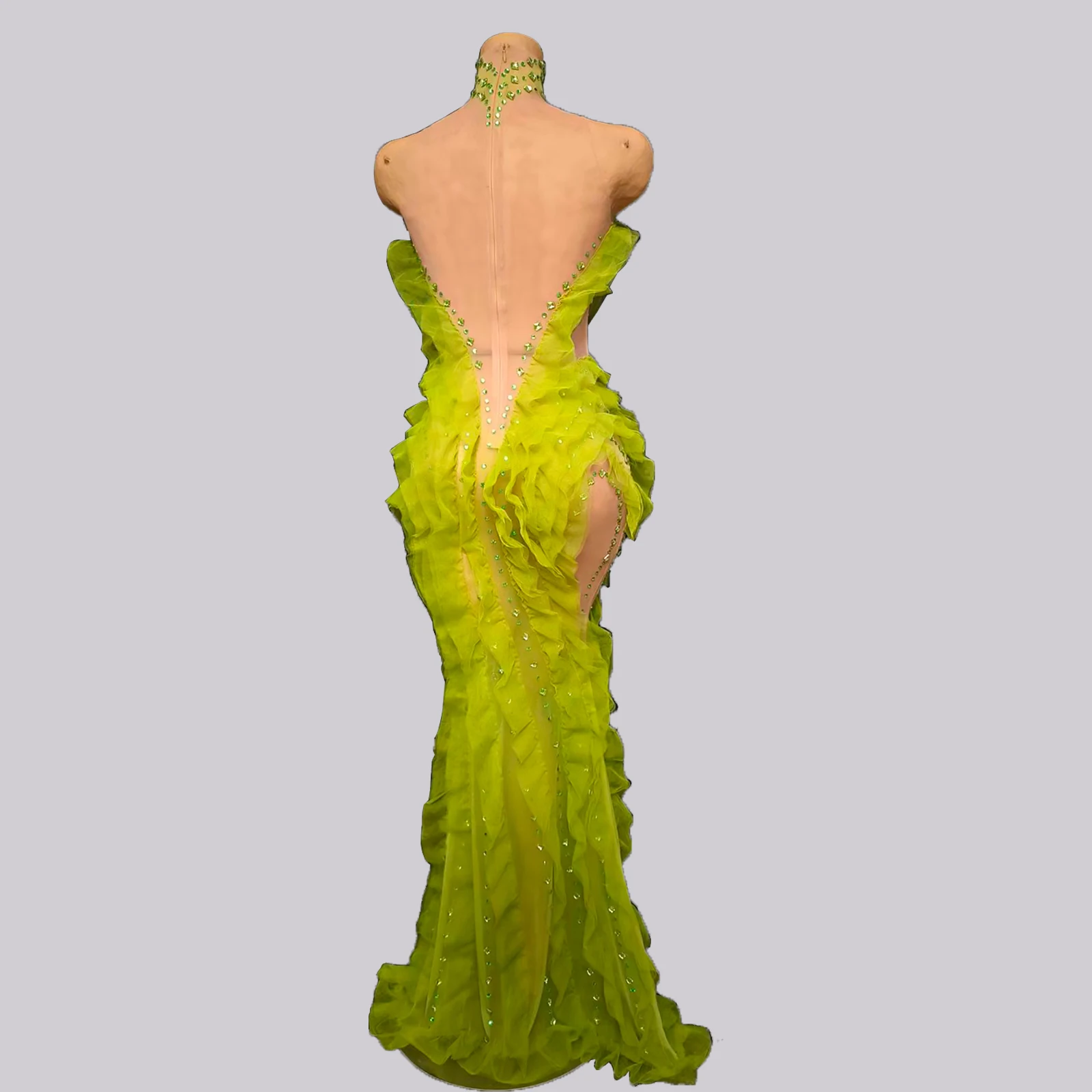 Sexy Green Rhinestones Mesh Dress Singer Event Costume Look Drag Performance Gogo Dance Wear Birthday Party Stage Suit Show Prom