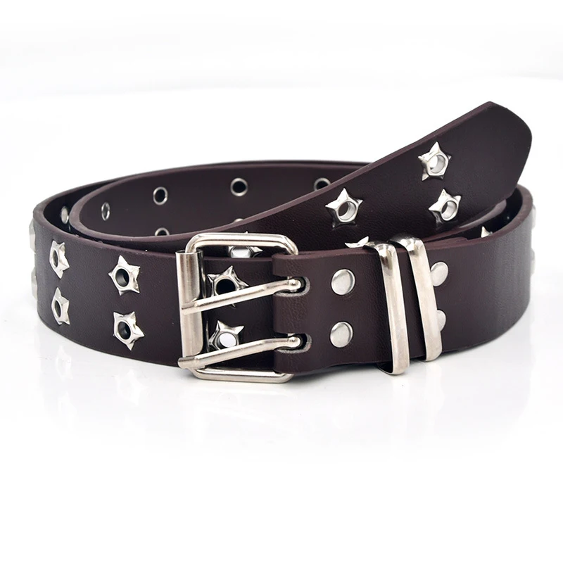 

110cm Star Eye Rivet Belt PU leather Cummerbunds Goth Style Punk Women Men's Belts Jeans Double Star Eyelet Grommet Waist Strap