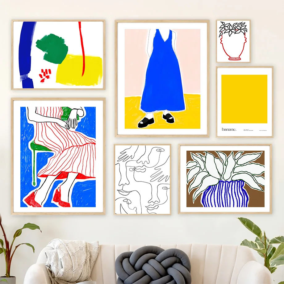 

Blue Yellow Striped Girl Vase Abstract Line Leaf Canvas PaintingPosters And Prints Wall Art For Living Room Decorative Pictures