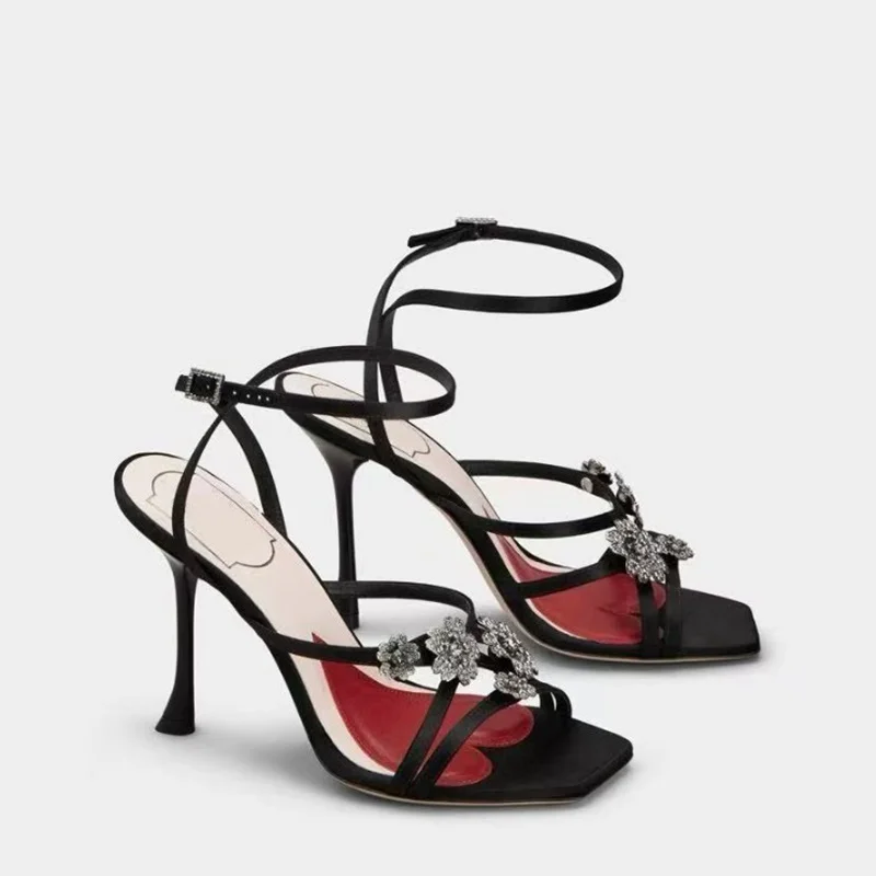 

Crystal Flower Cross Tied Slingback Sandals Sexy Square Toe Thin Heel New Arrivals Fashion Women Modern Shoes