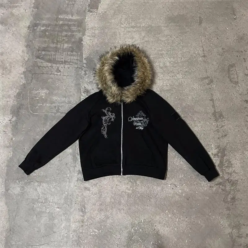 Dark Faux Fur Collar Harajuku Punk Y2K Zip up hoodie High street