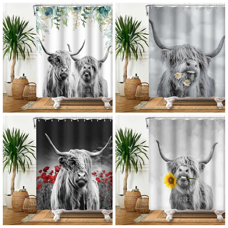 

Farmhouse Highland Cow Bull Get Naked Shower Curtain With Hooks Funny Cattle Floral Decoration Country Style Bothroom Curtains