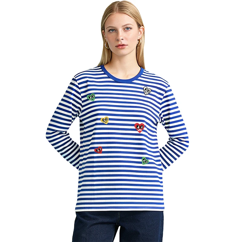 Frauen O Hals Langarm T Shirt Baumwolle Gestreiften 3D Rot Bunte Herz Stickerei Gerade Fit Casual Top für Frühling Herbst