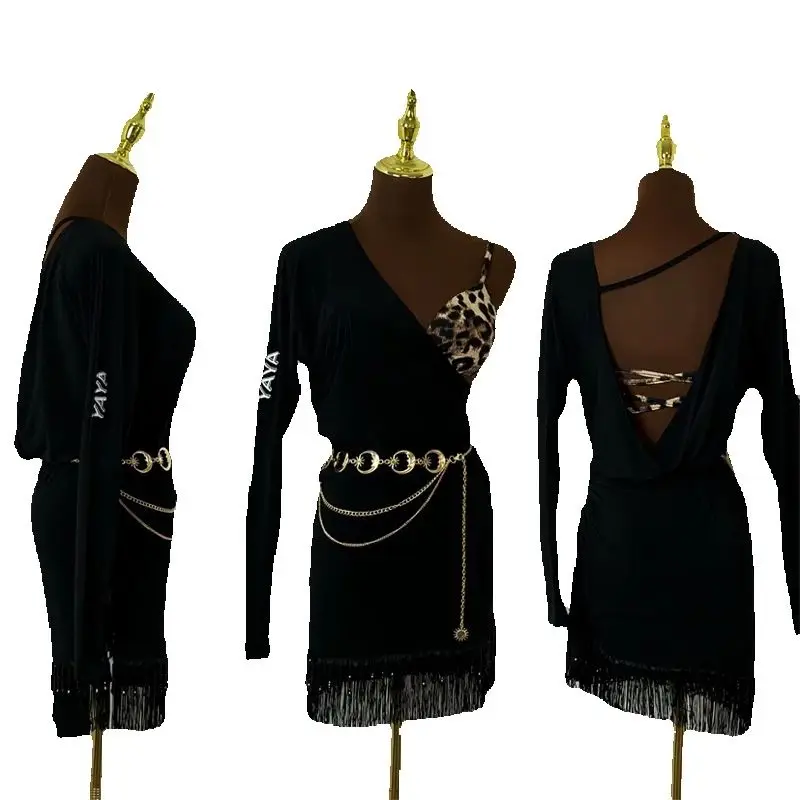 여성용 경사진 어깨 라인 볼룸 댄스 대회 드레스 성인용 긴 소매 라틴 댄스 프린지 드레스 연습복 SL14455