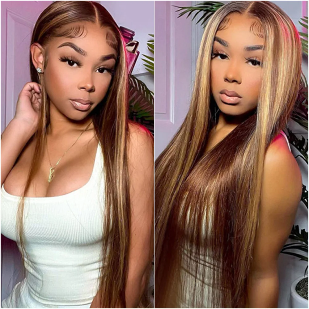 

P4/27 Highlight Bone Straight 13x6 HD Кружевной фронтальный парик Человеческие волосы Бразильский медовый блондин смешанные цвета Парики из человеческих волос для женщин