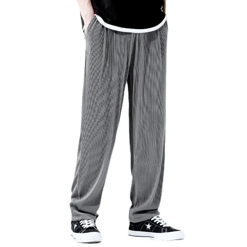 Summer Wide-leg Ice Silk Pants Men's Solid Color Thin Striped Straight-leg Drape Elastic Casual Pants Loose Sports Trousers 2025