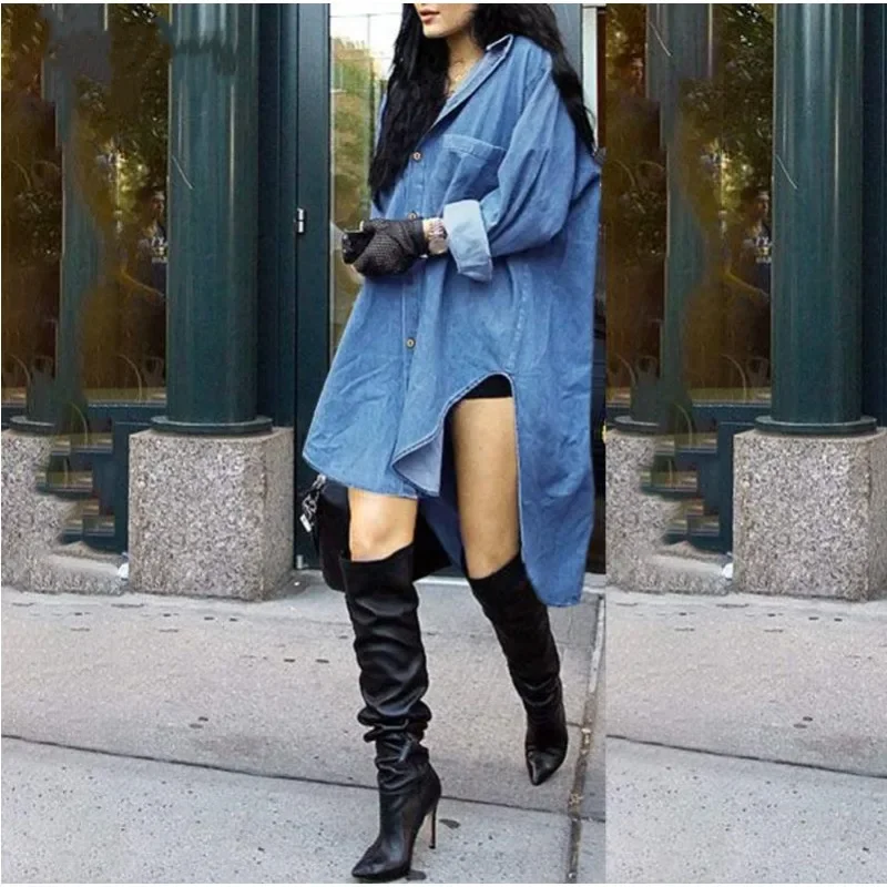 Women\'s new long sleeved denim irregular side shirt top coat, loose design, comfortable and casual denim jacket women