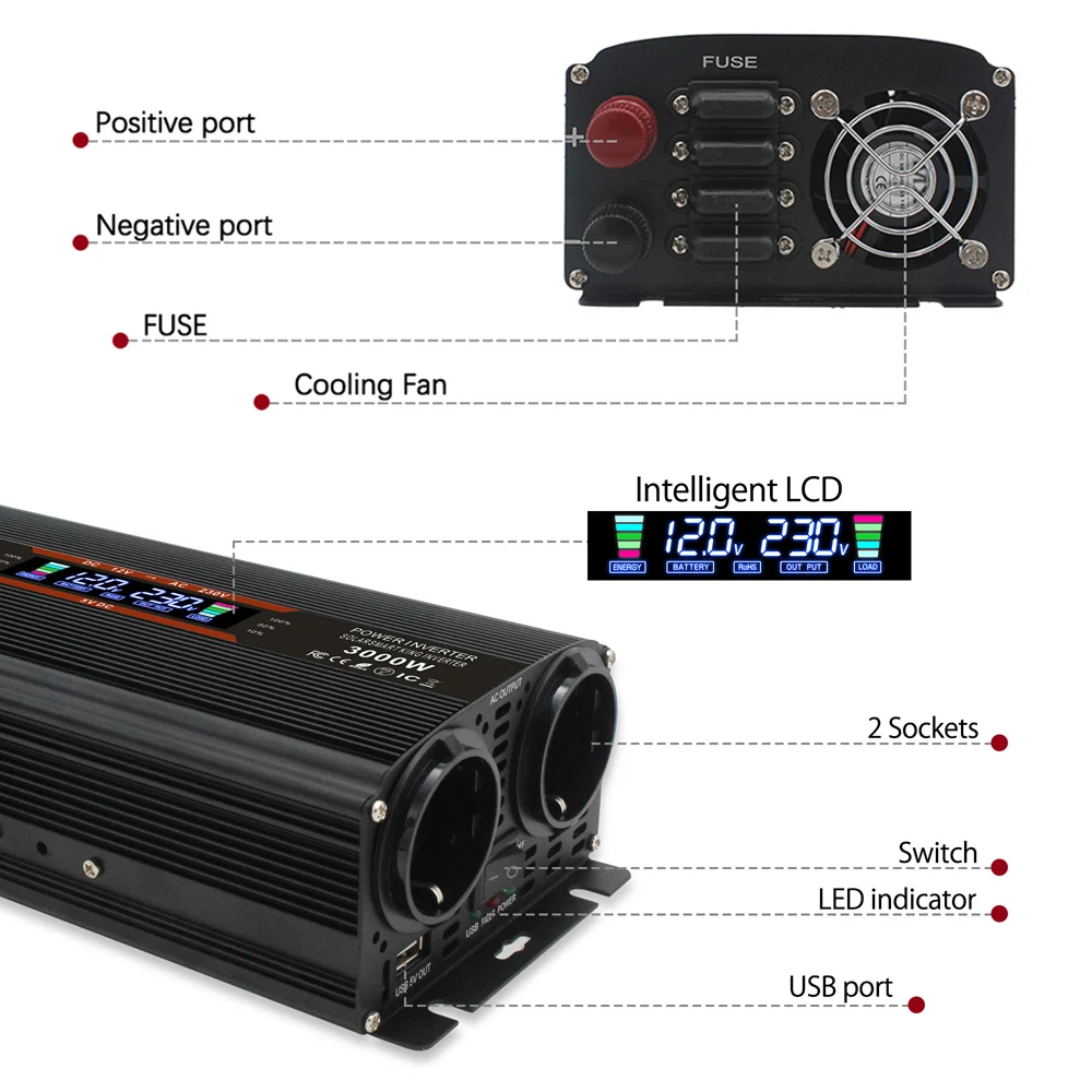 Falownik Foval 3000W 60Hz DC do AC wyświetlacz LED Inversor 2 gniazda wyjściowe zewnętrzne RV falownik samochodowy potężne elektrownia słoneczne