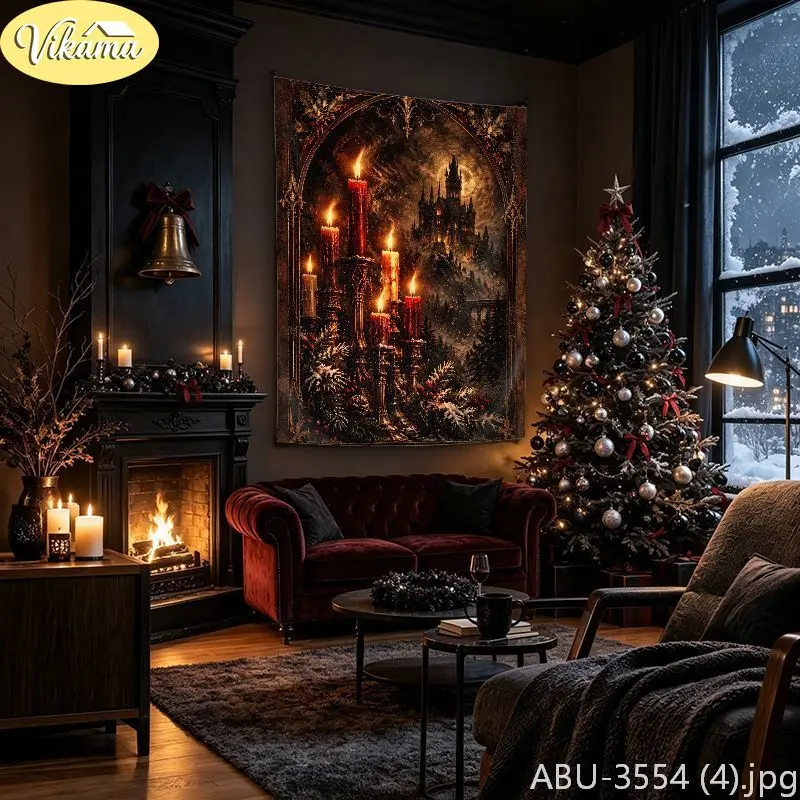 VIKAMA Goth Xmas Candle Haunted Manor Snowfall Wall Tapestry Shadowy Victorian Yule Winter Festal Room Home Decor Unique Gift