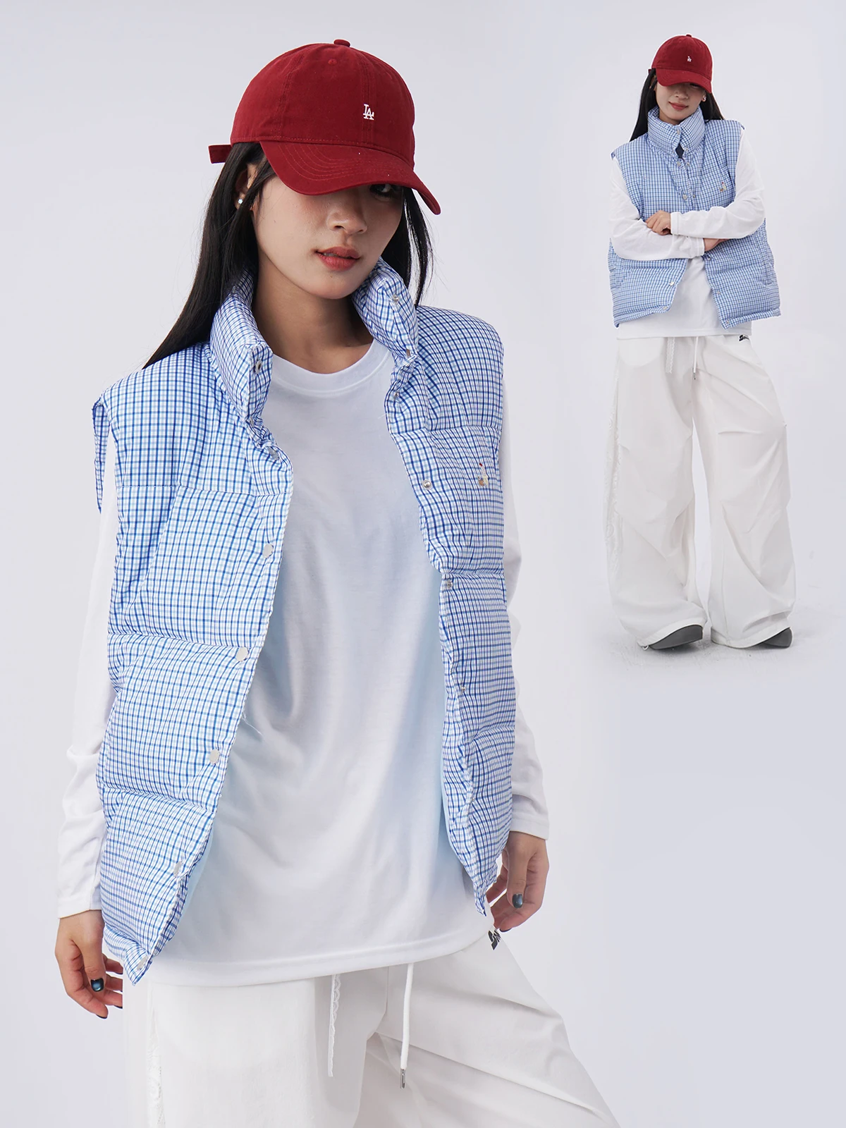 

Blue Plaid down Cotton Vest Women's Sle Lightweight Faionable Autumn Winter Outerwear Casual Versatile Single Button Closure