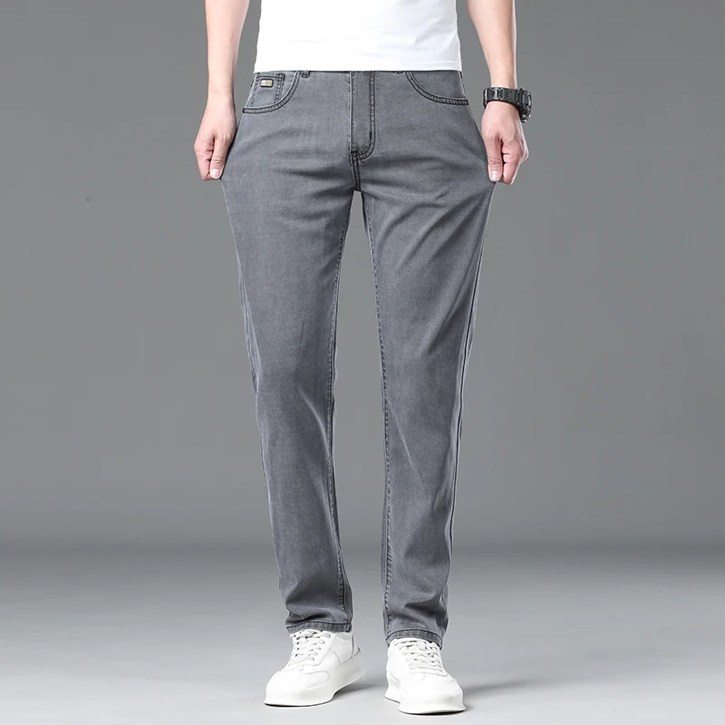 Black Gray Lyocell Summer Ultra-thin Jeans Men Breathable Straight Stretch Business Pants Fashion Casual Soft Denim Trousers