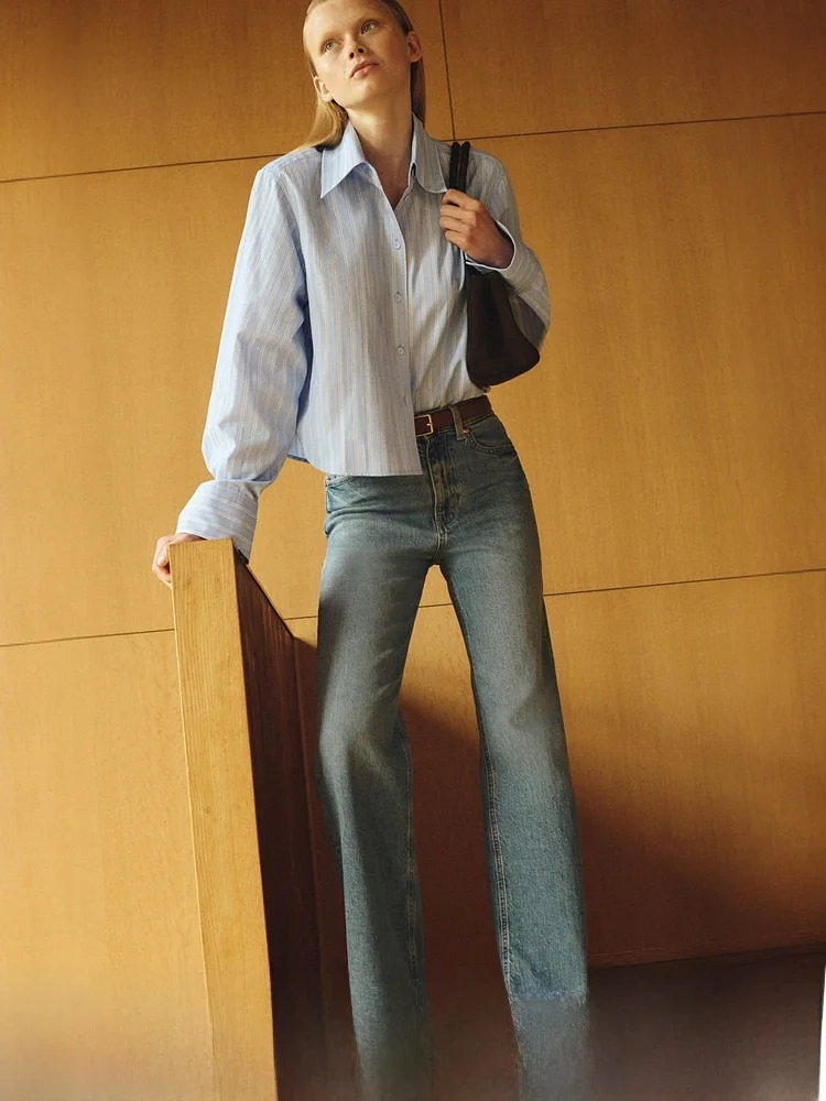 

Повседневная женская рубашка в полоску свободного кроя, модный летний топ, H&M Edition 1302270, смесовая ткань из полиэстера и хлопка, с длинными рукавами, на пуговицах, C...