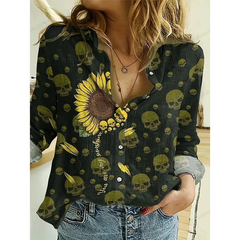 Fashion Long-Sleeved Lapel Shirts Black & White Printed Loose Single-Breasted Shirts Summer Basic Tops & Blouse Women Clothes