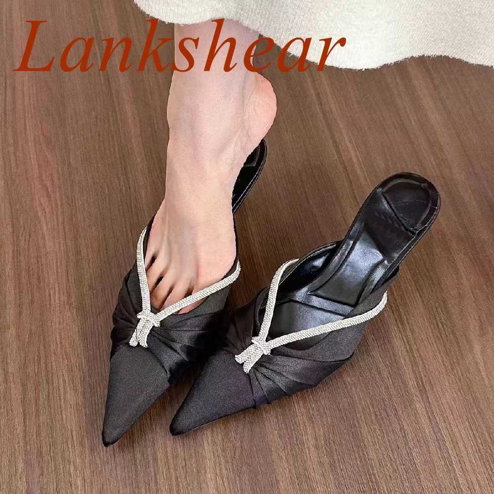 Pointed Toe Pleated Women Slippers Chain Solid Kitten Heel Fashion Spring Sexy Slingback Party Women Shoes 2024 New Arrivals