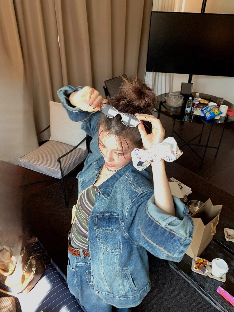 

DULA Casual Denim Jaet And Wide Leg Jeans Set Women's Autumn Faion Ensemble Low Waist Button up Long Sve Cotton Blend