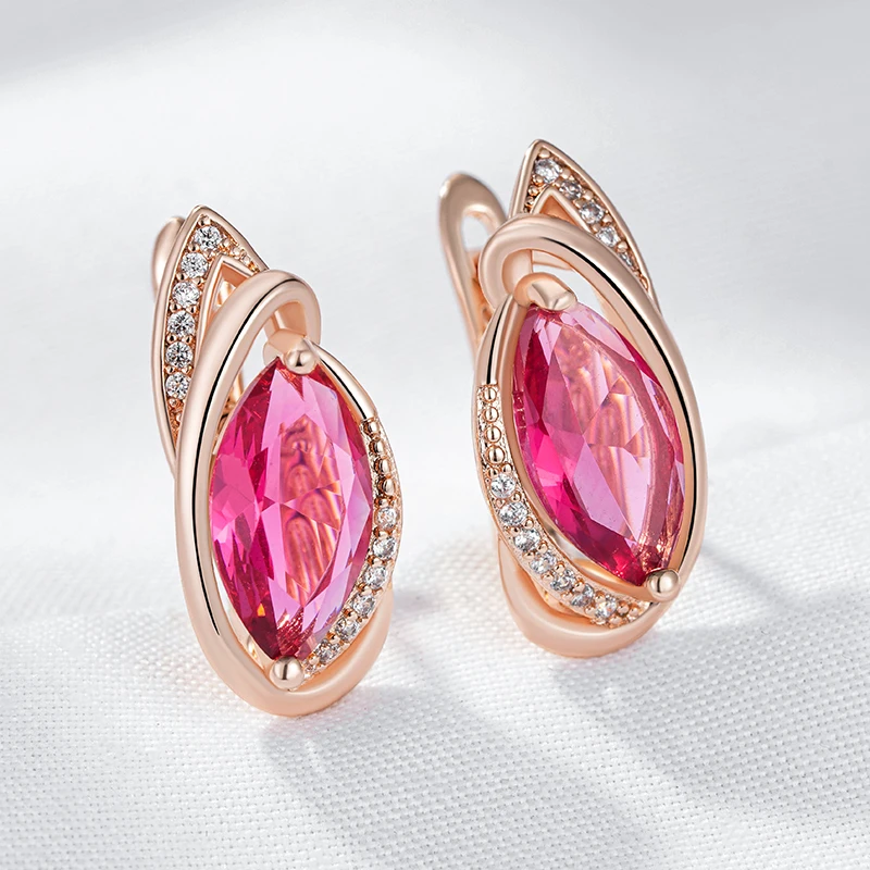 Kinel Hot Red Rhombus Natural Zircon Drop Earrings for Women Fashion 585 Rose Gold Color Vintage Party Fine Daily Jewelry