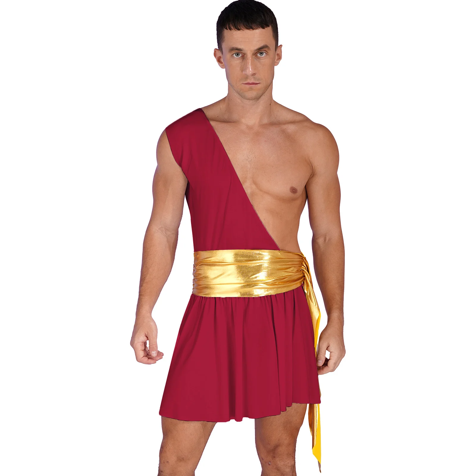 

Mens Roman Gladiator Roleplay Costume Ancient Greek Ruffle Dress God Halloween Cosplay Outfit Metallic Ruched Belted Dresses