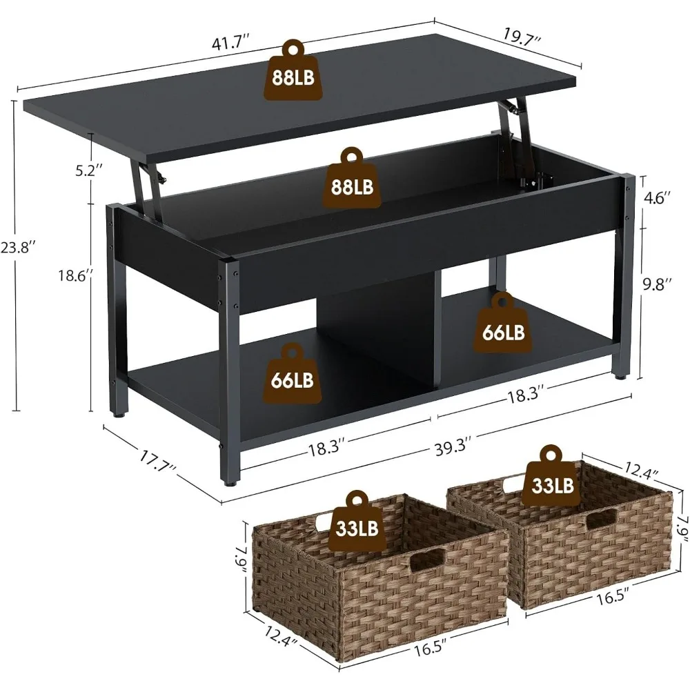 Meja Kopi dengan Lift Top, Kompartemen Penyimpanan Tersembunyi dan 2 Keranjang Rotan, Meja Kopi Retro 41,7"