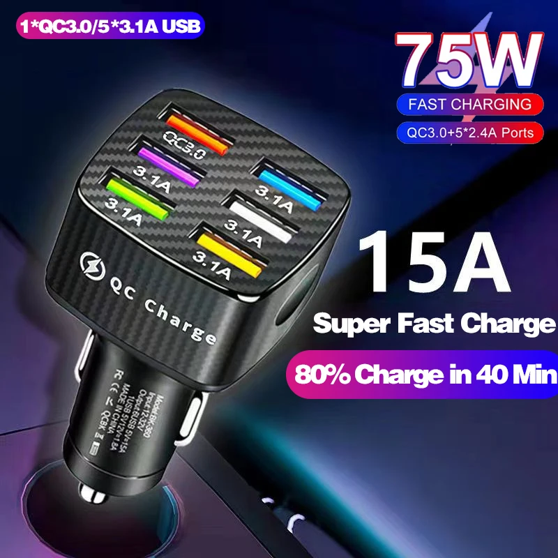 

75W Universal 6 Ports USB Car Charger QC 4.0 15A Mini Fast Charging For iPhone Xiaomi Huawei Mobile Phone Charger Adapter in Car