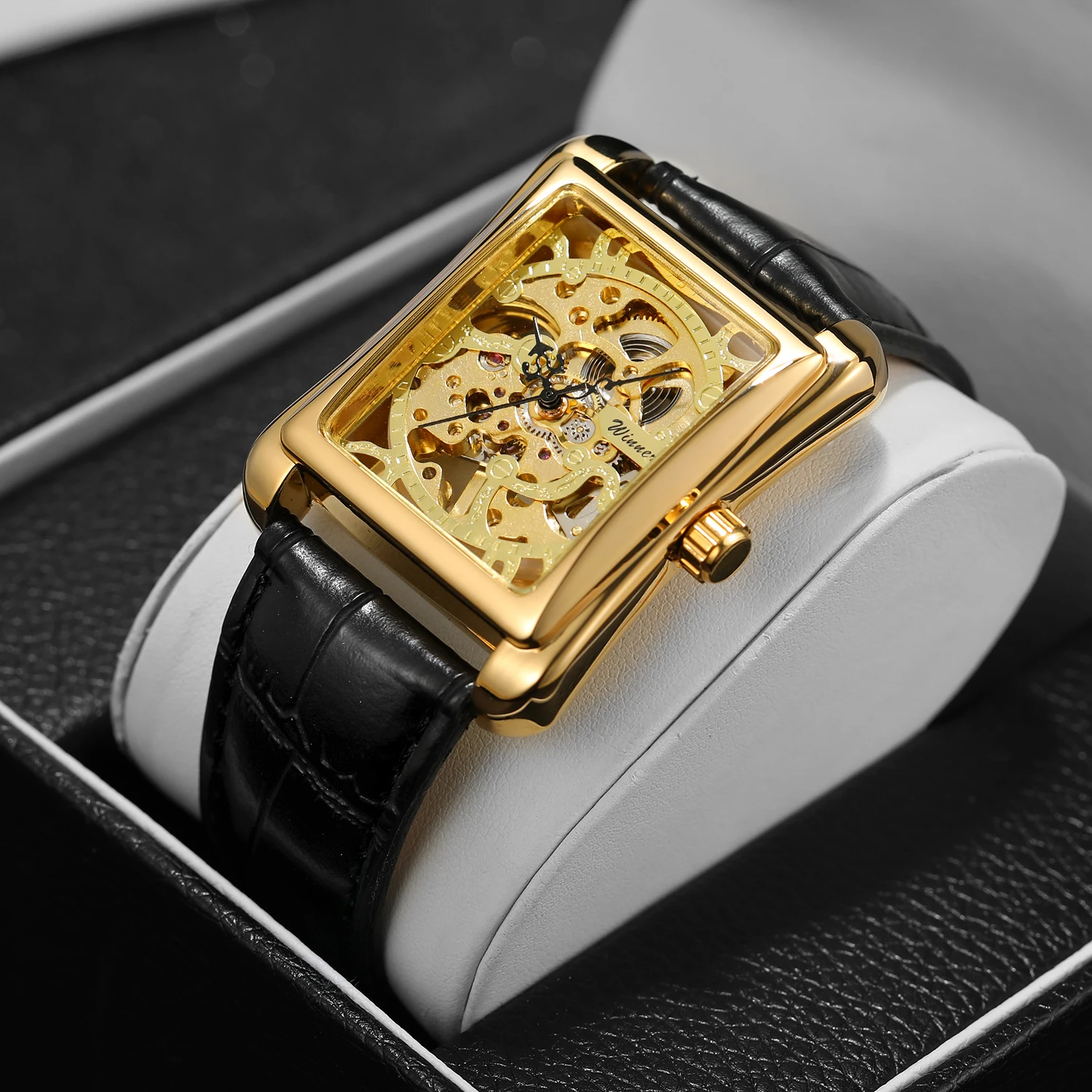 Luxury Brand New Retro Casual Series Rectangle Dial Design Golden Pattern Hollow Skeleton Mechanical Hand Wind Watch Mens Watch