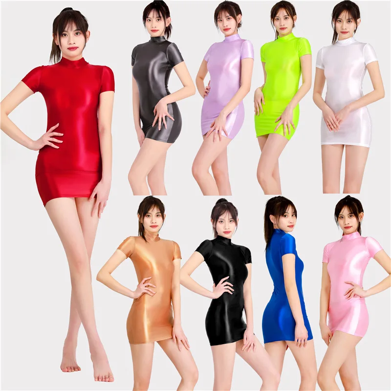 

2025 new oil-shiny ice silk dress slim-fitting European and American large-size miniskirt sexy 7059