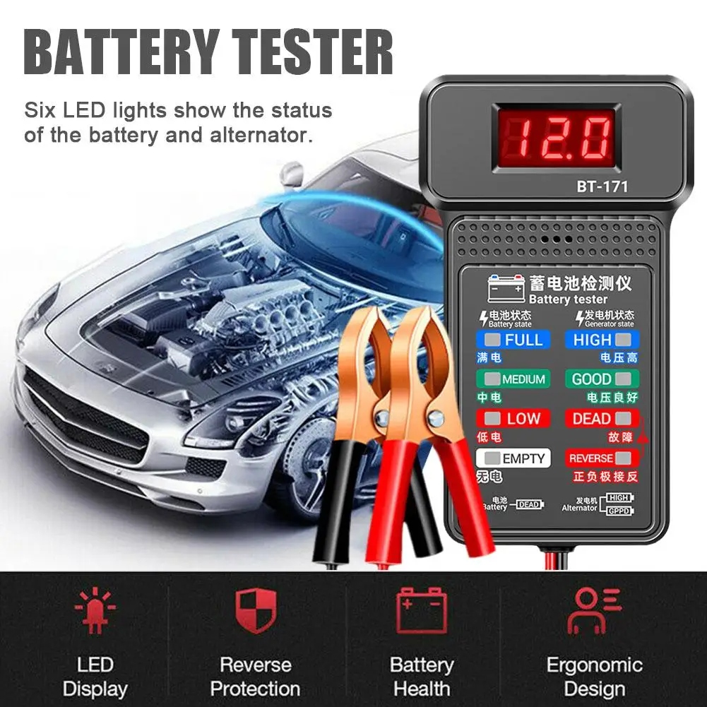 12V Digital Car Battery Tester Indicator With Alligator Clips LED Battery Status Indicator Car Electrician Tool