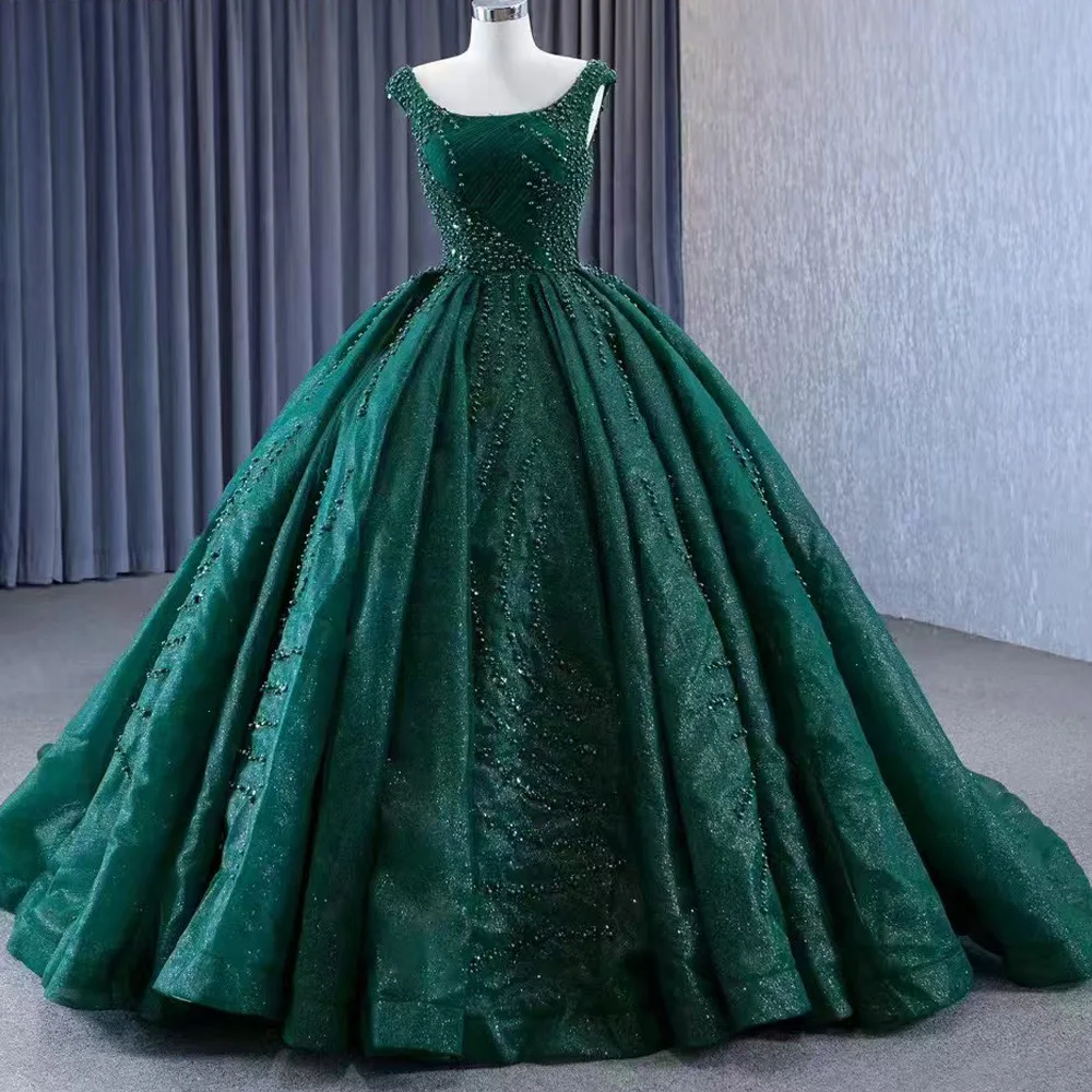 Vestido de noche verde sin mangas personalizado con cordones en la espalda con lentejuelas y perlas con cuello redondo para mujer