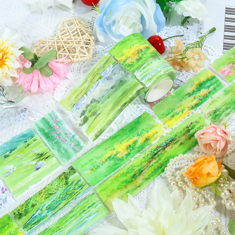 70mm*200cm Vintage Grassland Plant Flower Landscape PET Tape Creative DIY Journal Material Collage Scrapbooking Stationery