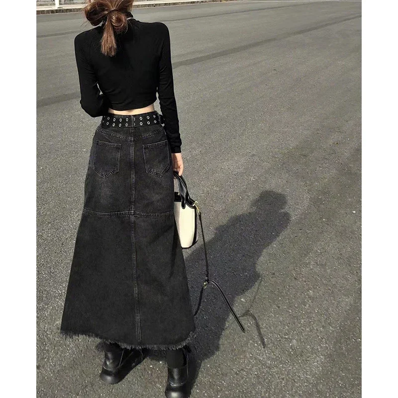 Y2K Vintage Denim Skirts Women Tassel Midi A Line Skirt Jeans Streetwear Korean High Waist Raw Edge Slim Casual Mermaid Skirt