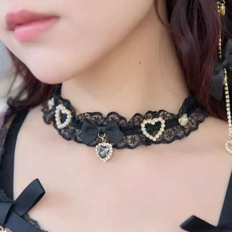 

Готическое колье в стиле Лолита, кружевное ожерелье ручной работы с жемчугом и стразами в форме сердца, милый стиль для женщин и девушек