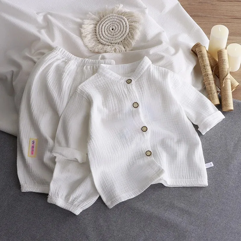 

2-piece Set of Children's Stand Collar Solid Cotton Set Kids Boy Homewear Clothes Children Clothing Casual Long Pants Set Daily