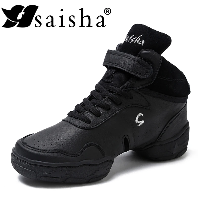 Adult fitness Men\'s Women\'s Leather Modern Dance Shoes Jazz Shoes Rubber Soled Indoor and Outdoor High Boots Oversized gym