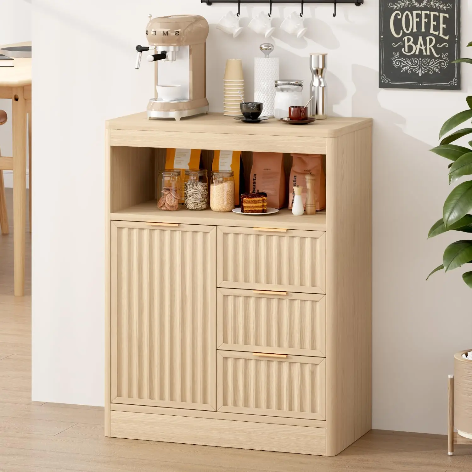 Modern Buffet Cabinet with Rounded Edges and Recessed Design. Equipped with 3 Drawers & Adjustable Shelves, Great for Coffee bar