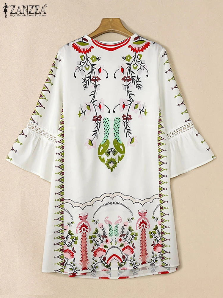 ZANZEA Autumn Bohemian Holiday Dress Women V Neck Flare Sleeve Sleeve Printed Sundress Fashion Lace Crochet Party Vestidos 2024 image 2