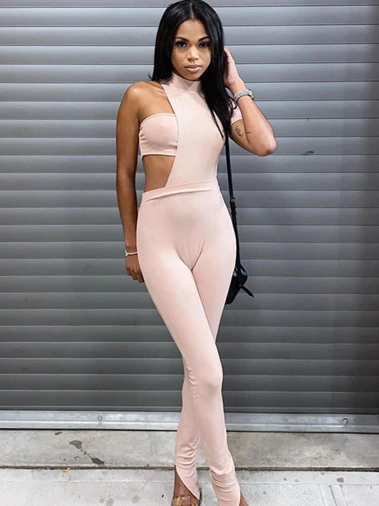 

Sibybo Irregular Hollow Sleeveless Jumpsuits For Women+Wrapped Chest Suit Ribbed Slit Playsuit Sports Casual Femme 2 Pieces Sets