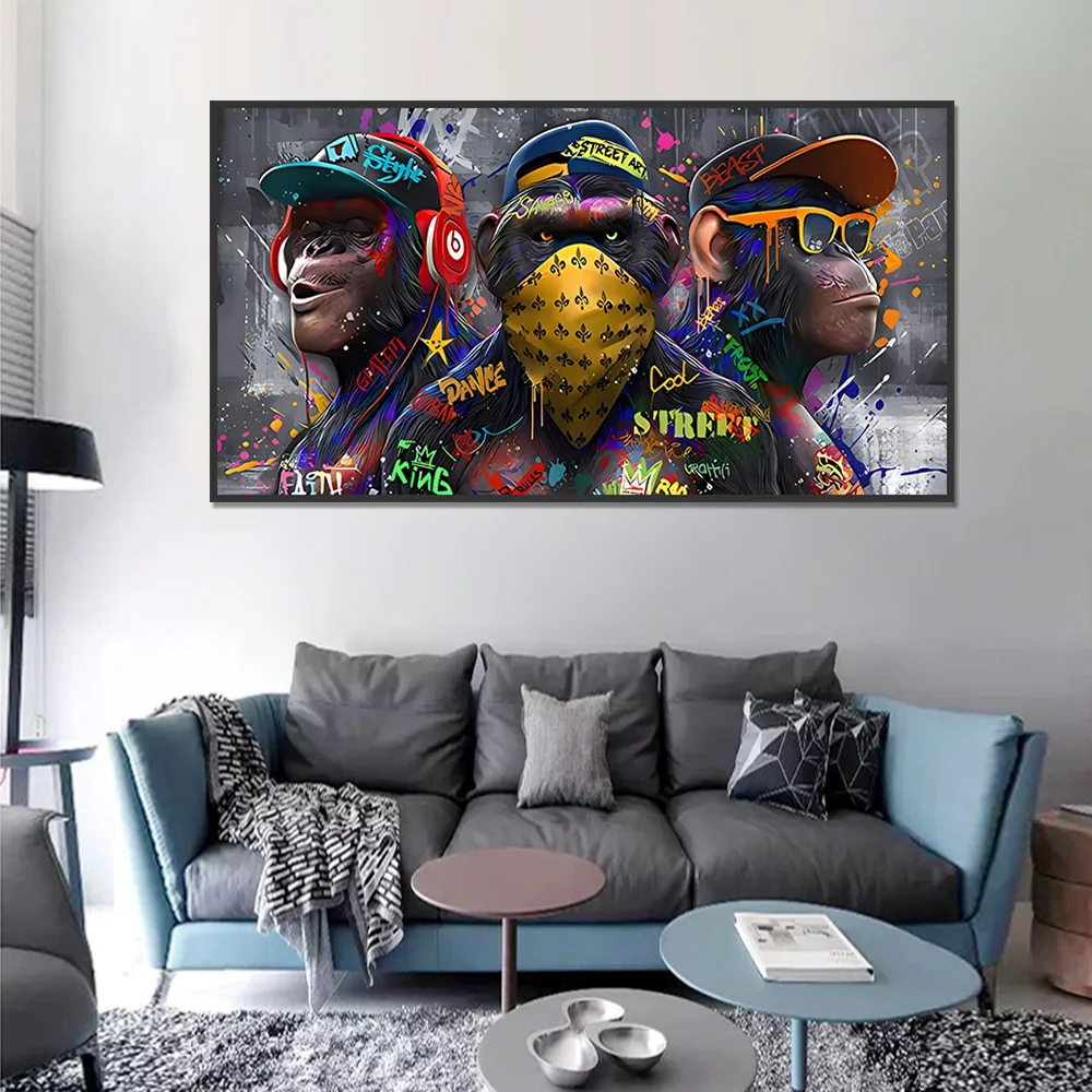 الكتابة على الجدران الجدار ملصق فني ثلاثة القرود الهيب هوب العصرية الحيوان جدارية ديكور المنزل الحديث قماش صورة طباعة غرفة المعيشة تزيين