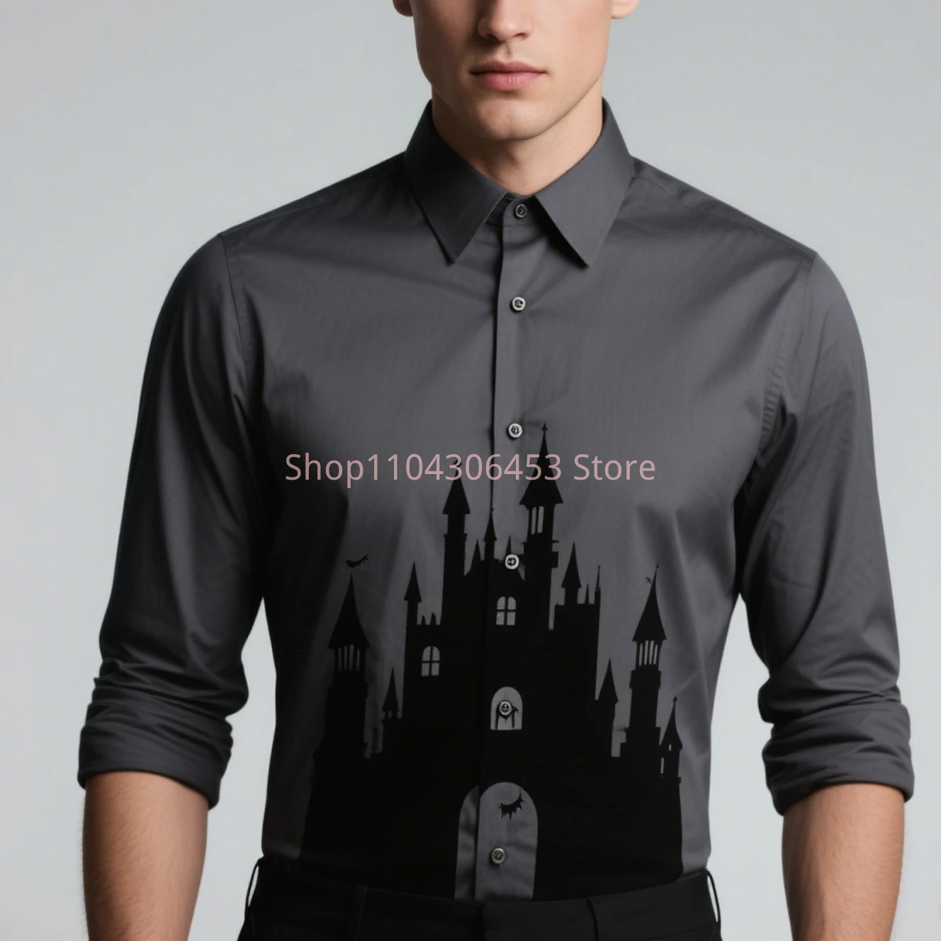 Autumn Men's Halloween Castle Ghost Skull 3D Printing Funny Shirt Hawaiian Casual Long Sleeve Lapel Shirt Party Simple Retro Top