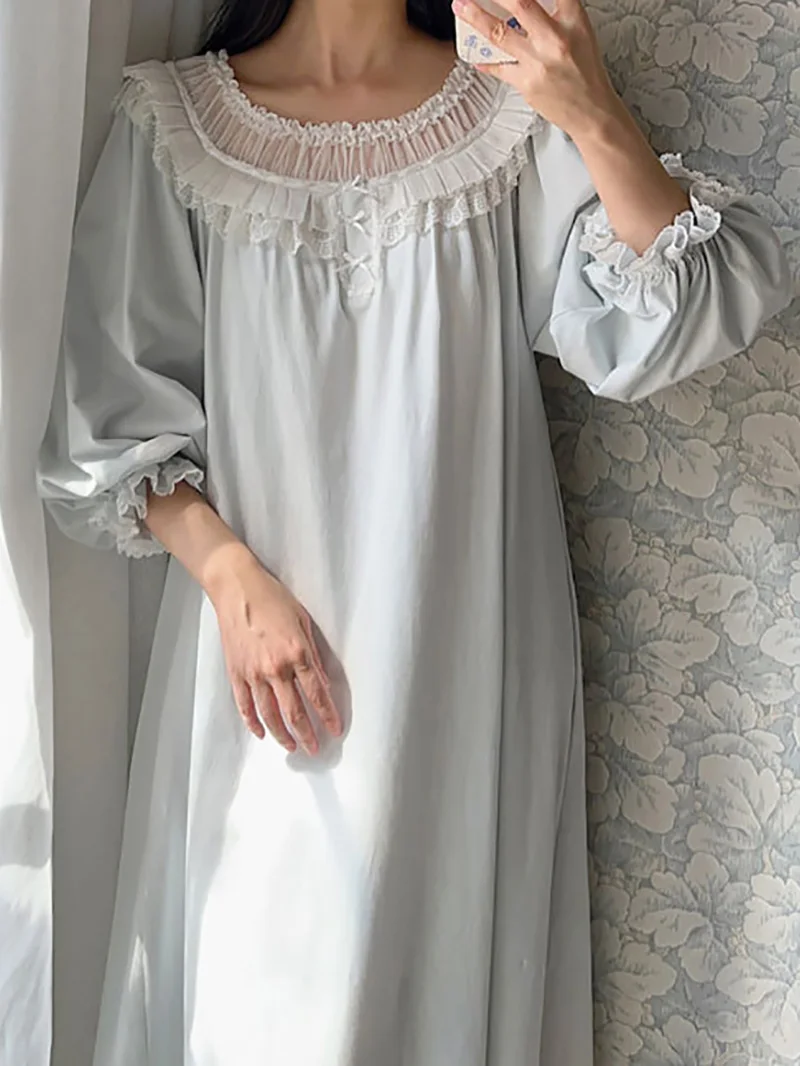 Fairy Victorian Nightwear Women Spring Delicate Lace Flower Long Sleeve Pure Cotton Vintage Princess Ruffles Pajamas Home Dress