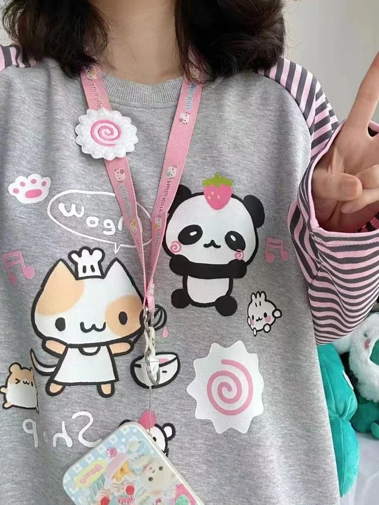 

ADAgirl Harajuku Stripe T Shirt E-girl Kawaii Chinese Panda Graphic T-shirts Women Cutecore Cartoon Raglan Sleeve Clothes Autumn