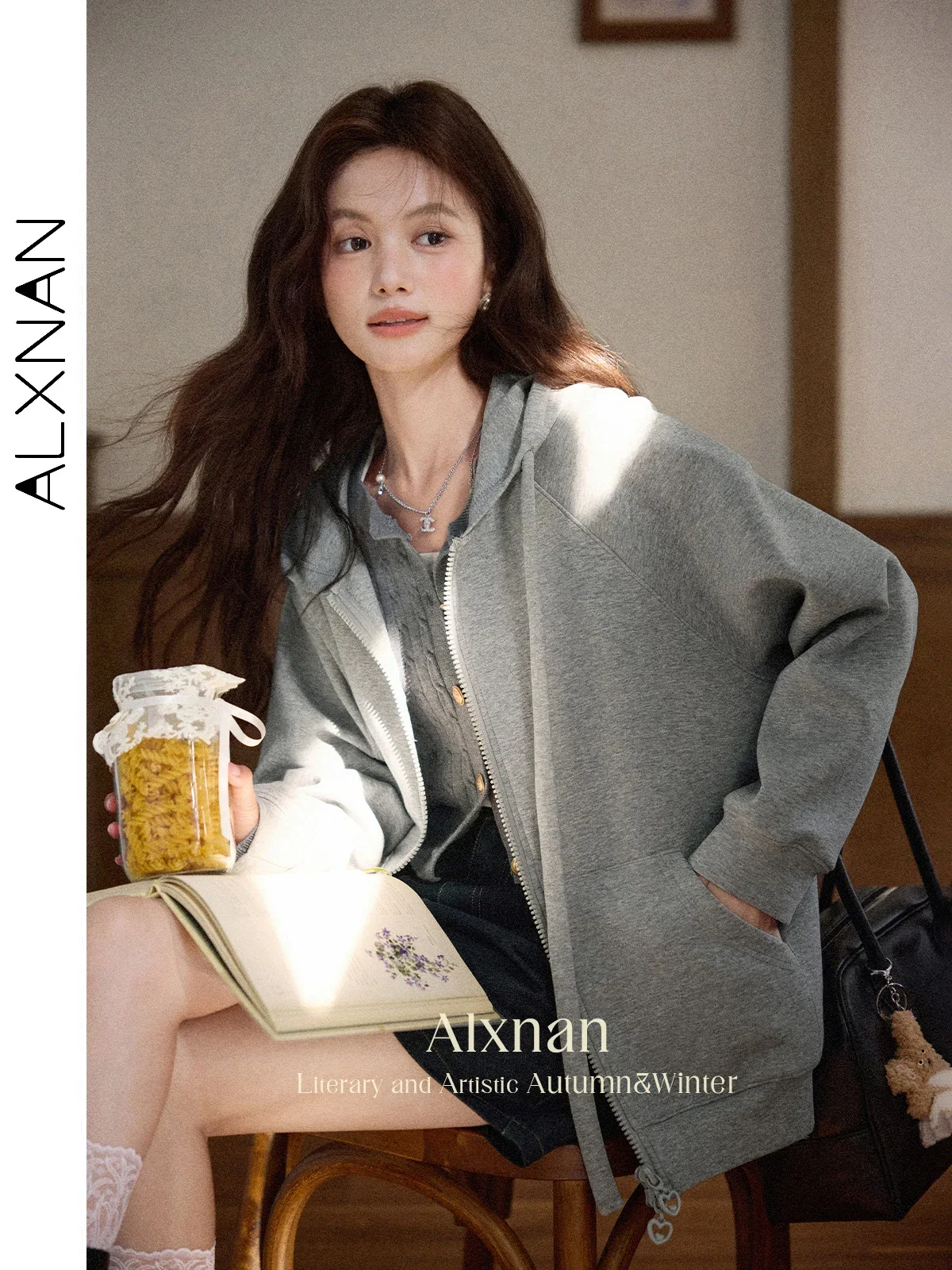 ALXNAN Women's Gray Hoodies Double Zipper Sweatshirts Autumn Loose-fit Sports with Pockets Casual Long Sleeve Coat Female L56937