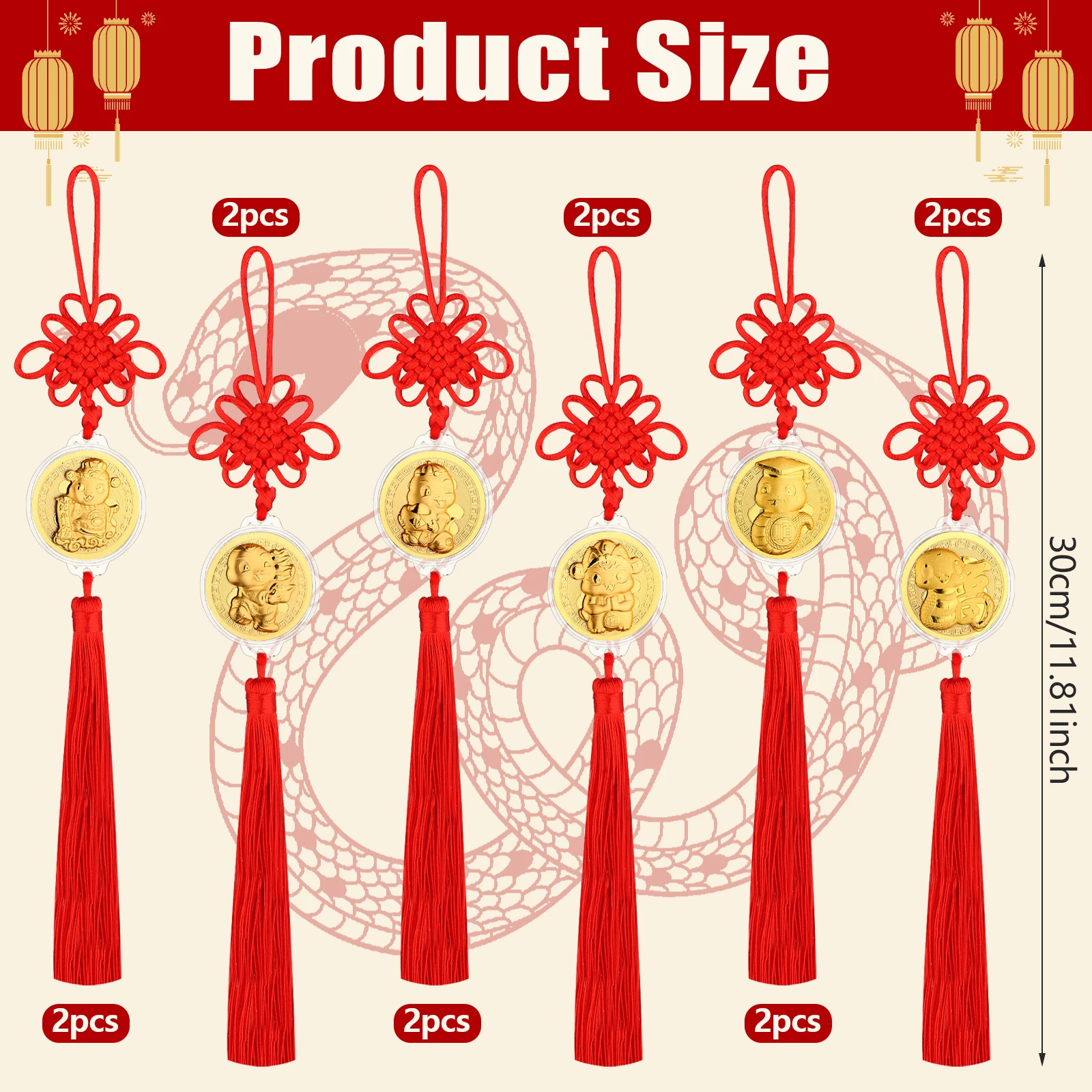 12Pcs 2025 Chinese Year Of Snake Lucky Charms Chinese Knot Lucky Hanging Pendants Oriental Ornaments【A】