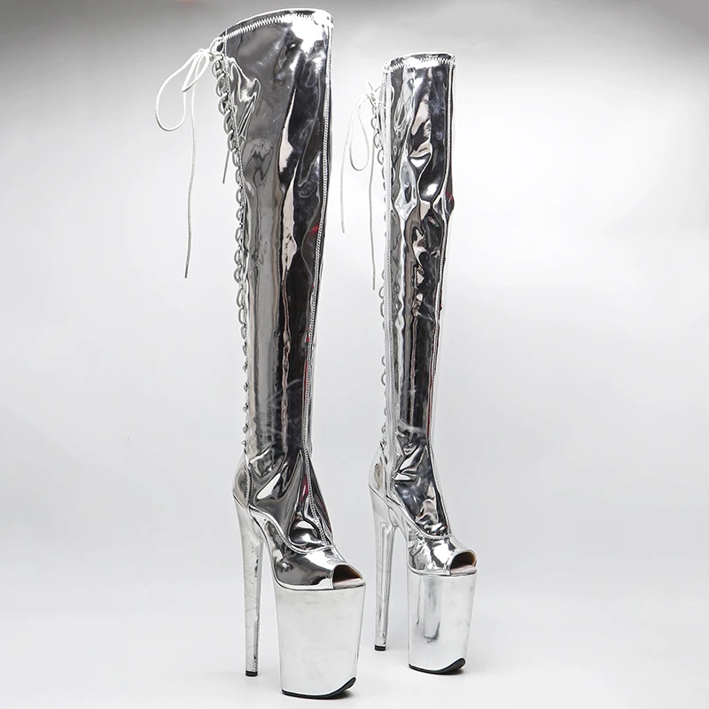 Leecabe  23CM/9inches Shiny PU Open Toe FashionLlady  High Heel Platform Thigh High Boot Pole Dance boots