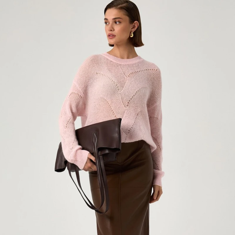 

TARUXY вязаный свитер из мохера с круглым вырезом, женский модный свободный ажурный однотонный пуловер с длинными рукавами, осенний новый