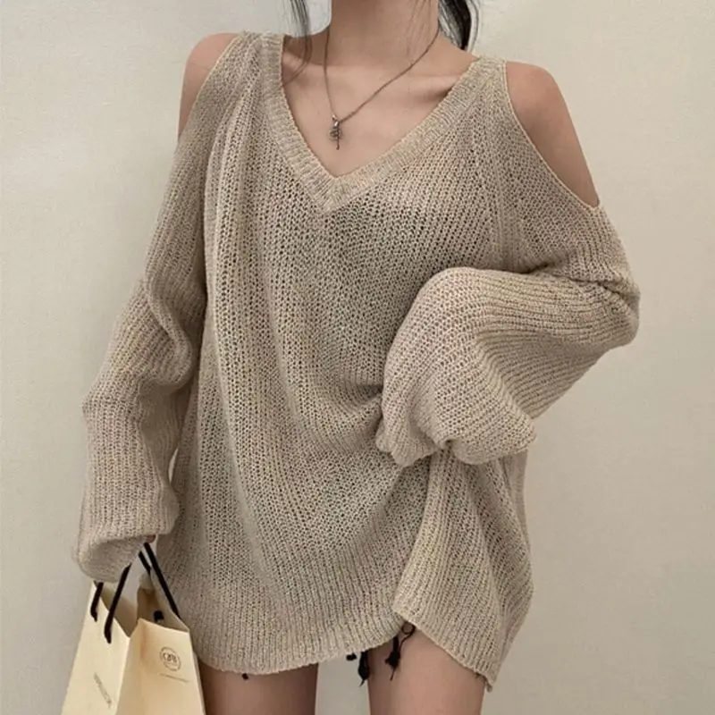 Temperament Knitting Off Shoulder Tops Tees Summer New Long Sleeve Loose Hollow Out Fashion T Shirts Trend Casual Women Clothing