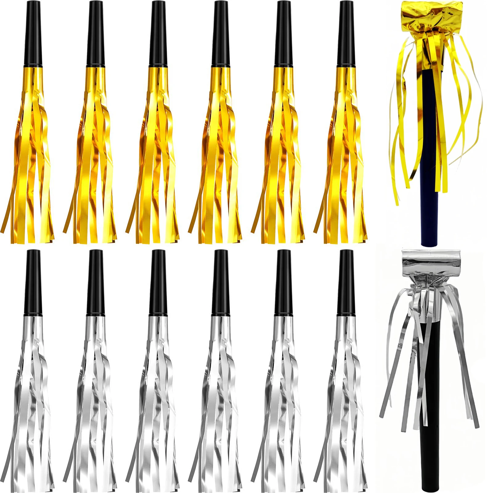 Party Noise Makers Gold and Silver Metallic Fringed Glitter Whistles Blowers Horns for Birthday Party Baby Shower Graduation