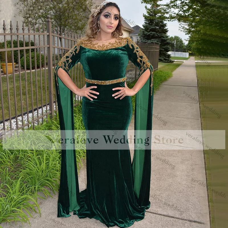 Muçulmano verde vestidos de noite 2021 frisado elegante sereia veludo para árabe saudita feminino festa de formatura vestir vestidos de fiesta