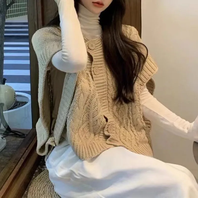 

New Fashion Retro Sweater Vest Elegant Crew Neck Knitted Button Cardigan Single-breasted Office Women's Sleeveless Top